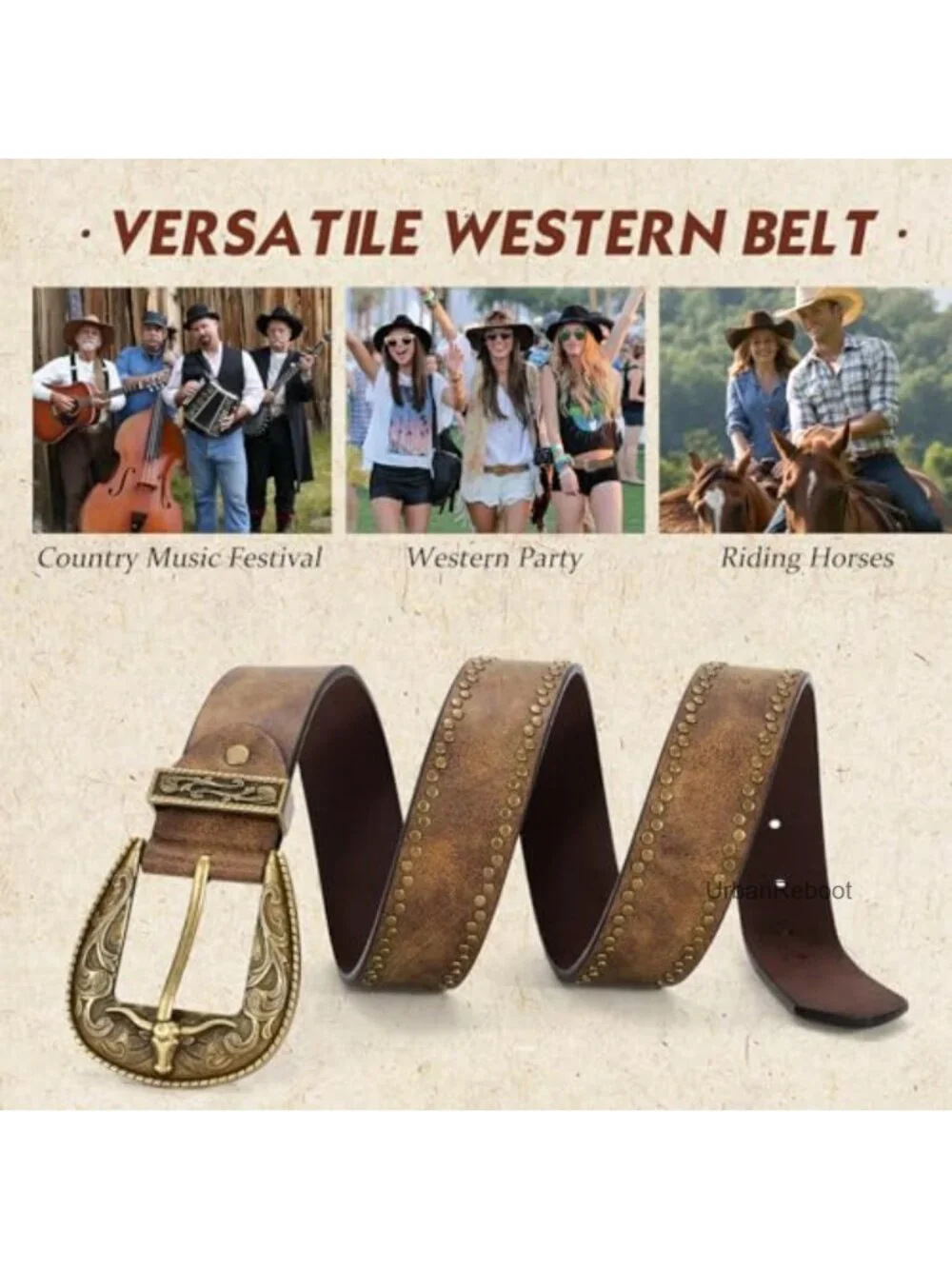 Faux Leather Western Belt with Gold Bull Buckle - Unisex Cowboy Belt